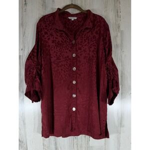 John Mark Button Down Top XL Burgundy Leopard Print Ruched Drawstring 3/4 Sleeve